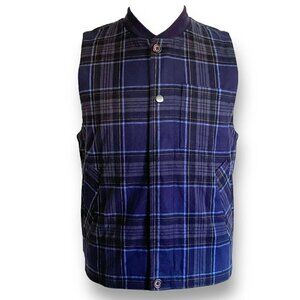 Universal Works Mens Carlton Gilet Vest Sz M Navy Blue Plaid Flannel Utility